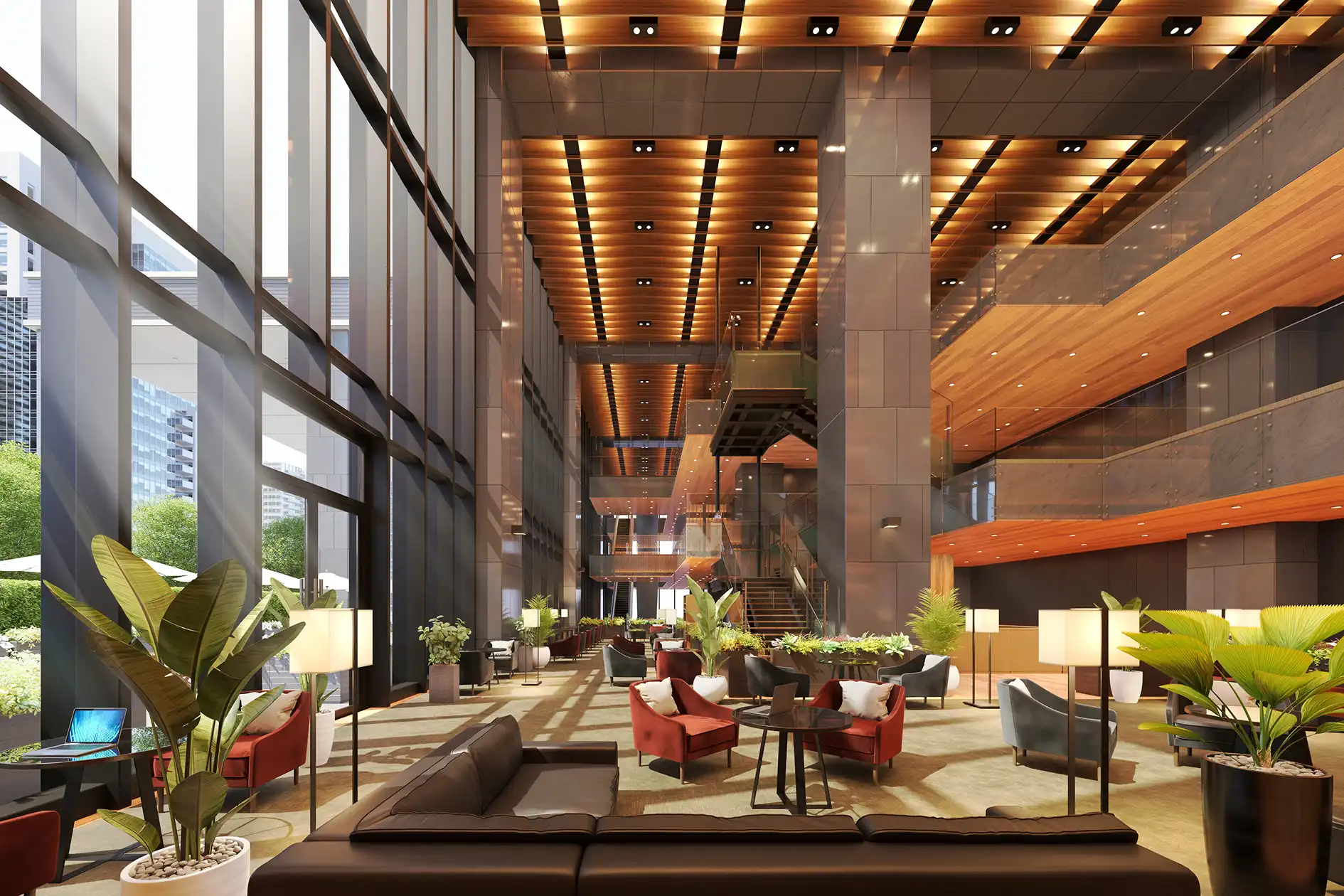 ガラス張りの窓とオシャレな照明の屋内写真